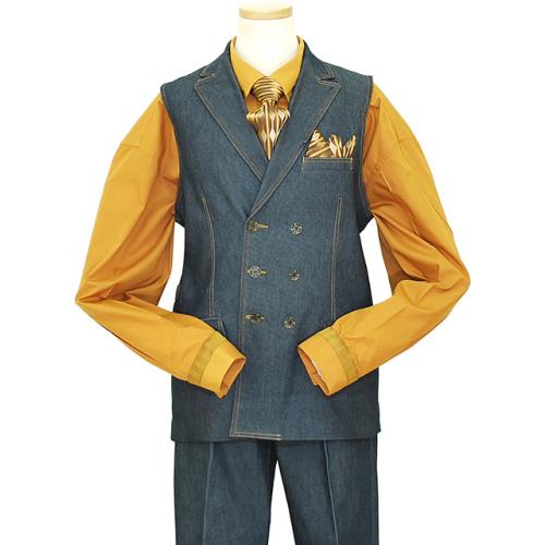 Il Canto Blue 100% Cotton Denim Vested Suit With Cognac Hand-Pick Stitching 9028